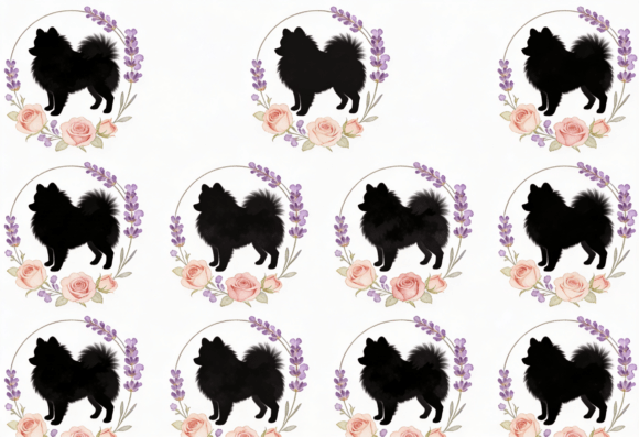 Black Pomeranian Dog Lavender Rose Embroidery Design
