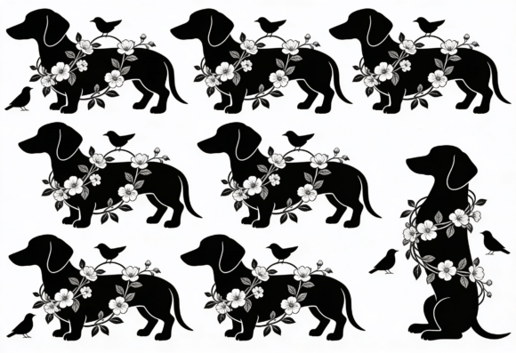 Dachshund Floral Silhouette Black Dog Embroidery Design