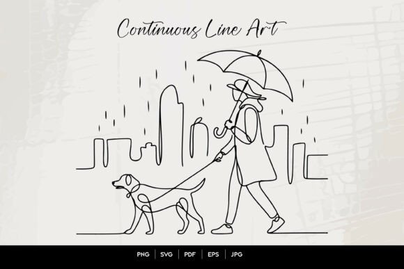 Woman Walking Dog in Rain Line Art Review